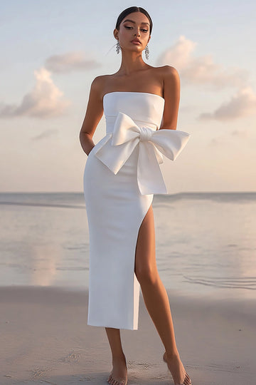 Robe de graduation blanche avec fente noeud noeud thé